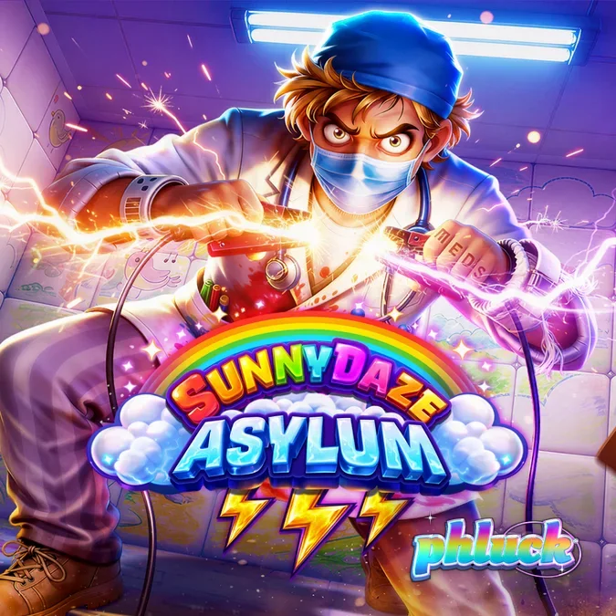 Isang visual na representasyon ng Sunnydaze Asylum slot na nagpapakita ng madilim at makulay na tema nito.